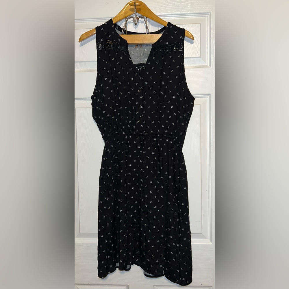 Stetson Black Horshoe Print Mini Dress with Lace Cutout Details Size Large NWT